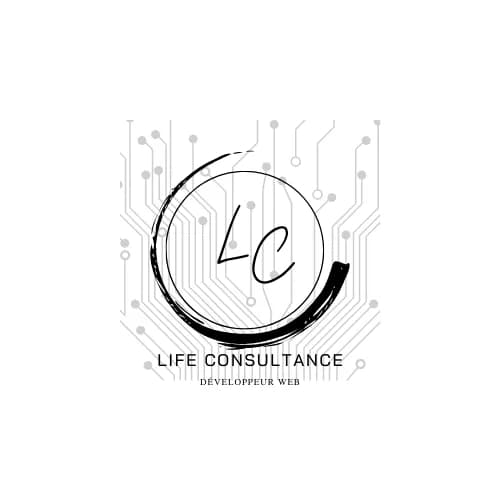 Interface sombre d’un site vitrine Life Consultance avec sections de présentation, expertises, équipe, réalisations et formulaire de contact.